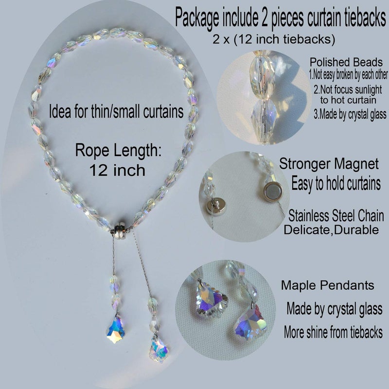 Pedobo Magnetic Curtain Tiebacks,Crystal Beads Rope Drapery Holdbacks Holder for Small,Thin or Sheer Window Draperies,12 Inch Long,2 Pack (White) - Image 2